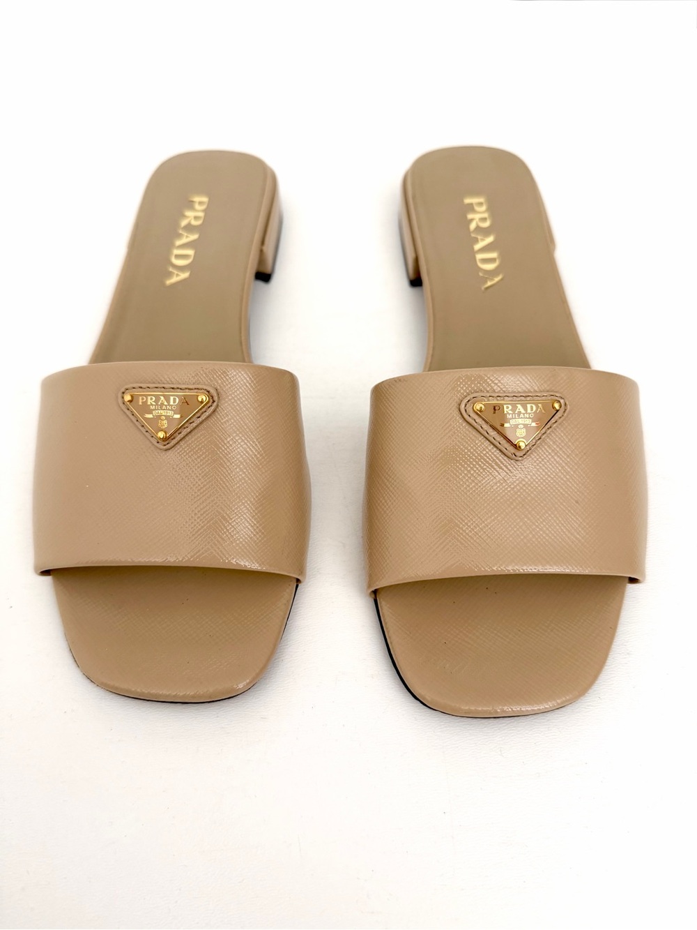 PRADA | Saffiano Patent Leather Triangle Logo Slides Sandals Flats Beige Sand 38